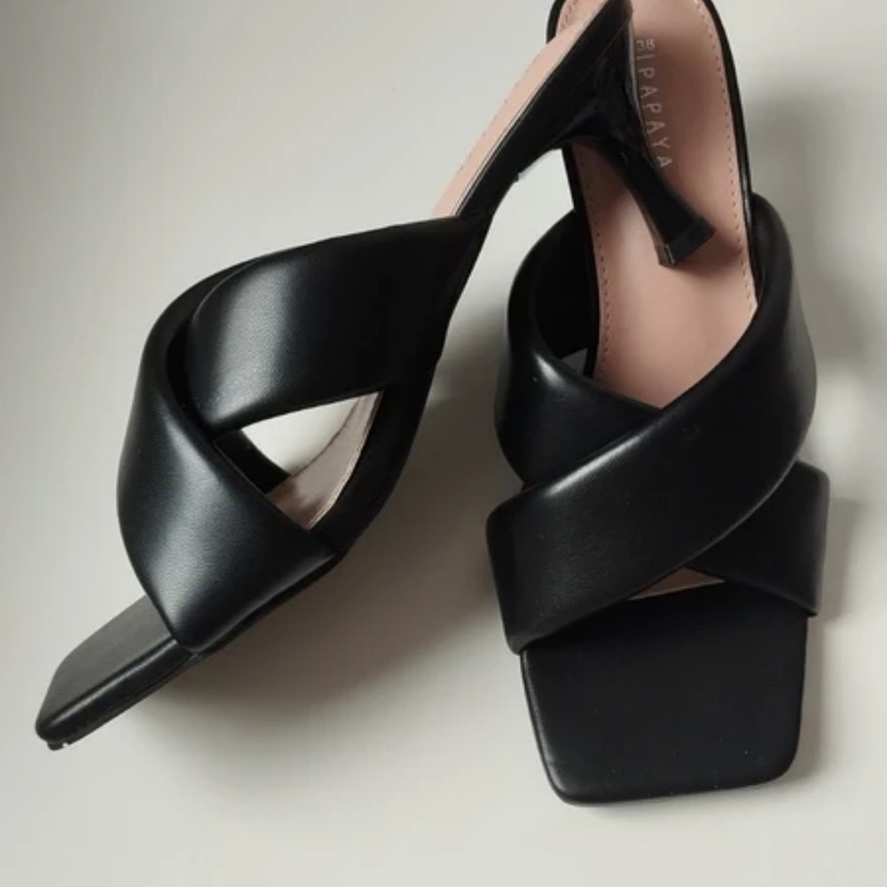 Papaya Black Crisscross Square-Toe Heeled Mules